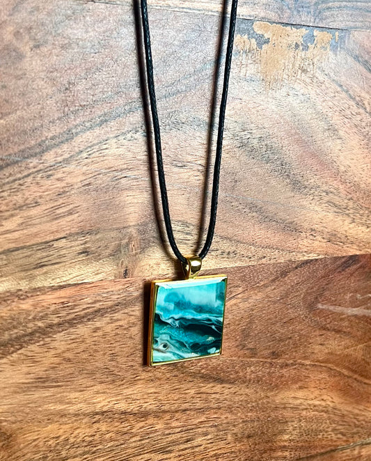 Turquoise, Sage, and Gold Square Resin Pendant Necklace