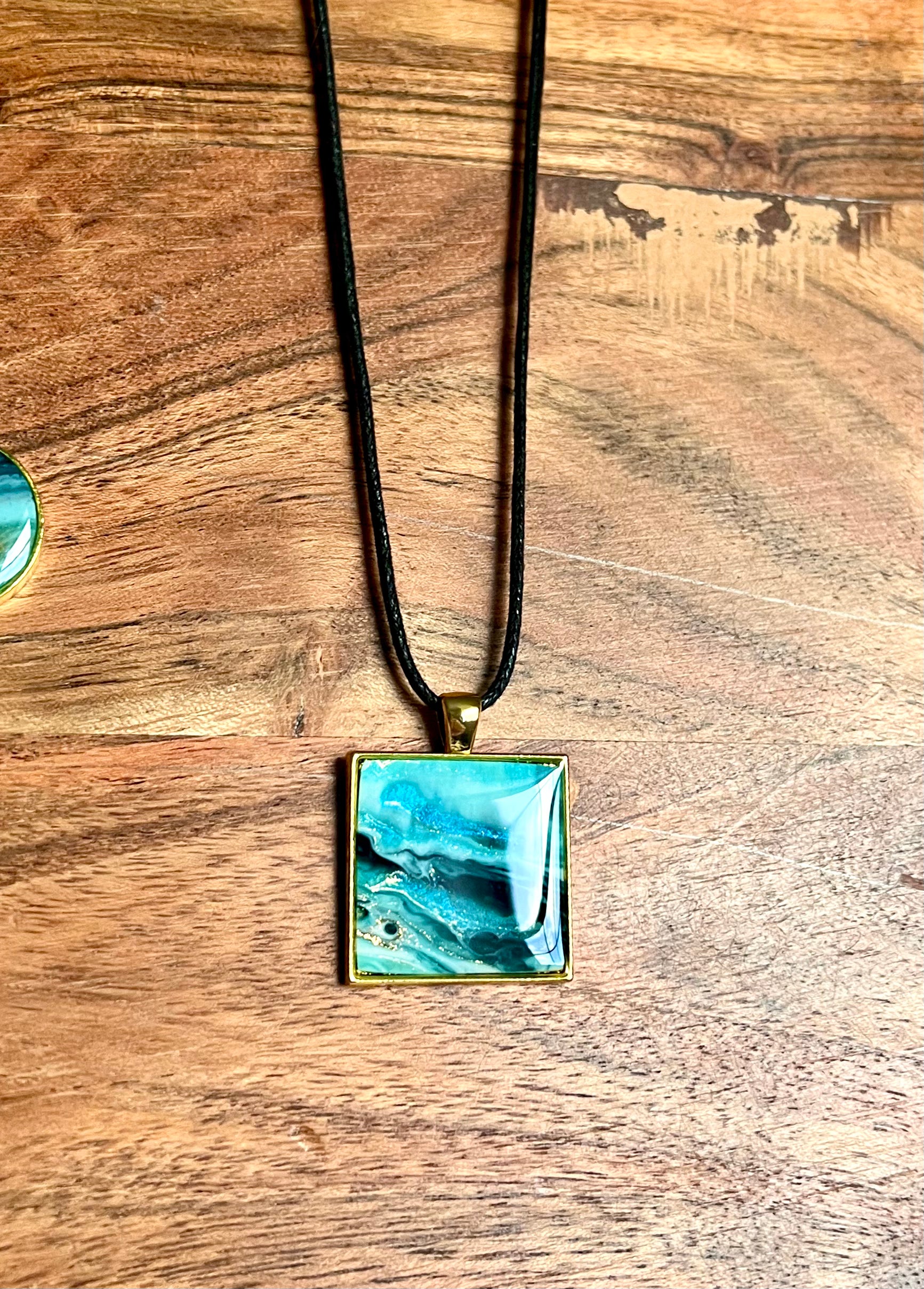 Turquoise, Sage, and Gold Square Resin Pendant Necklace