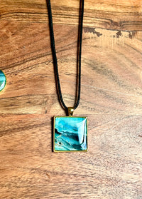Turquoise, Sage, and Gold Square Resin Pendant Necklace