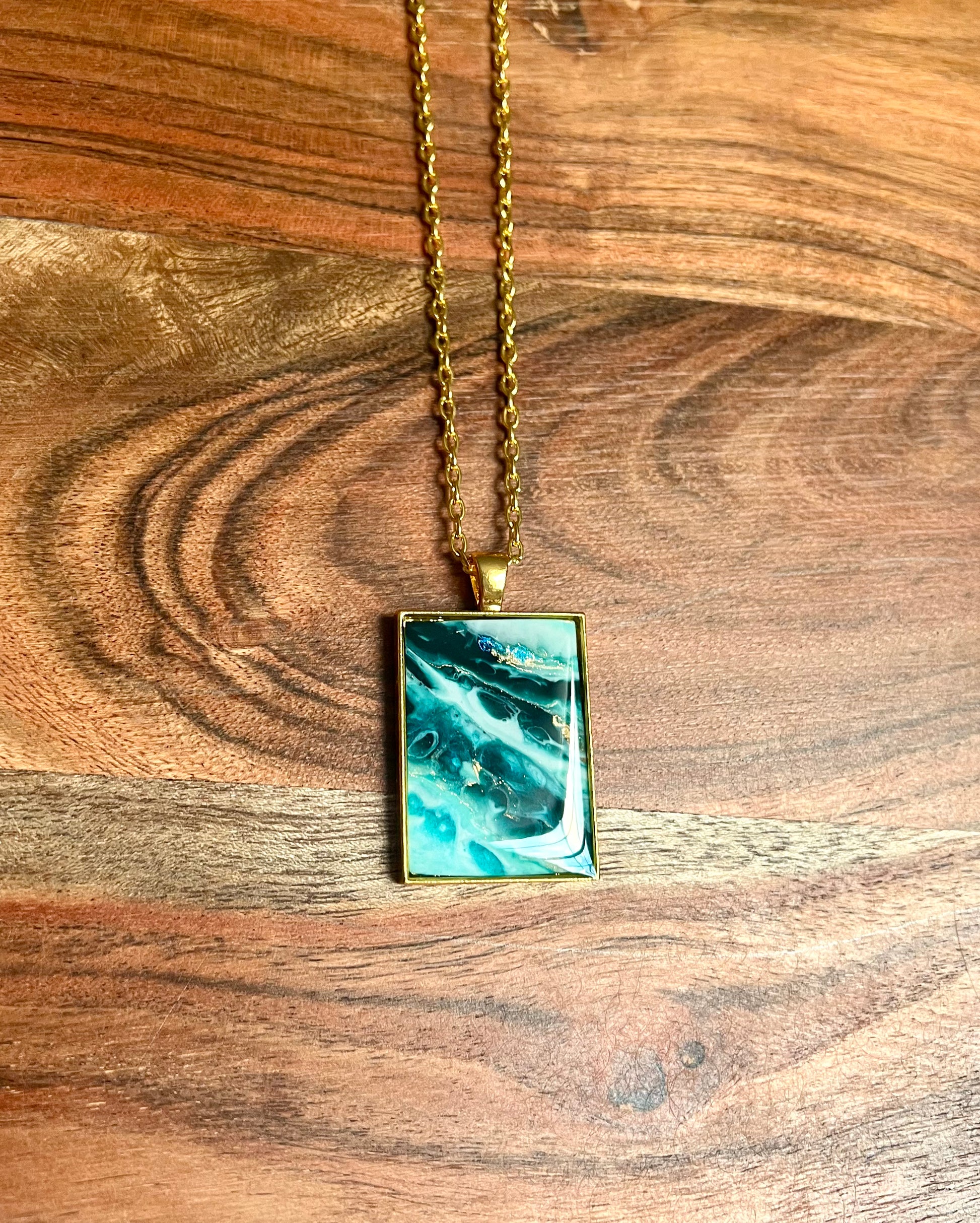 Turquoise, Sage, and Gold Small Rectangle Resin Pendant Necklace