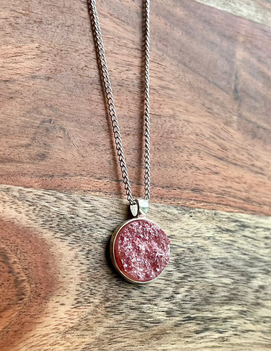 Pink Resin Druzy Necklace | Silver