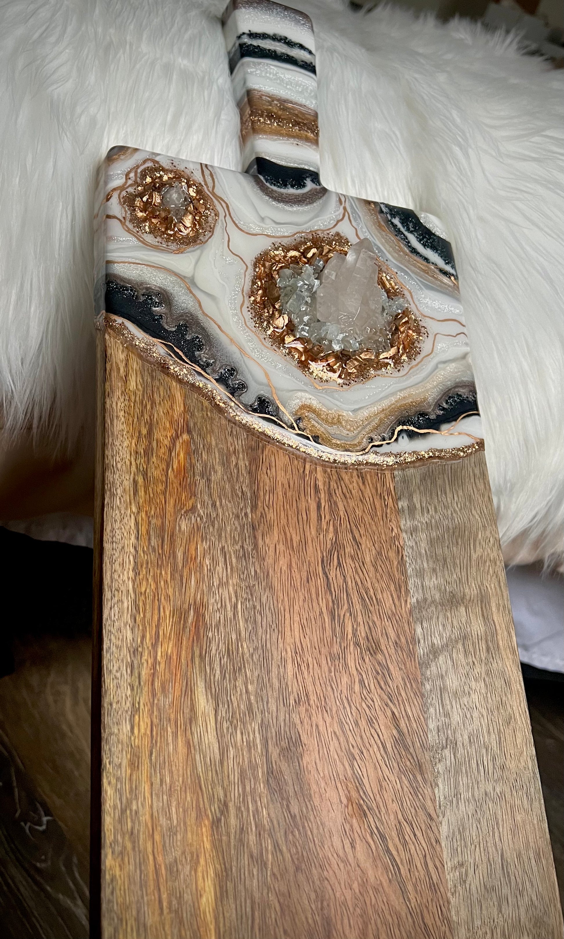 Black, Champagne, and Gold, Resin Geode Charcuterie Board- REAL Crystal Quartz Clusters!