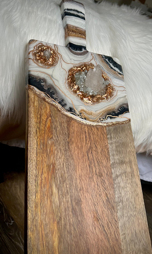 Black, Champagne, and Gold, Resin Geode Charcuterie Board- REAL Crystal Quartz Clusters!