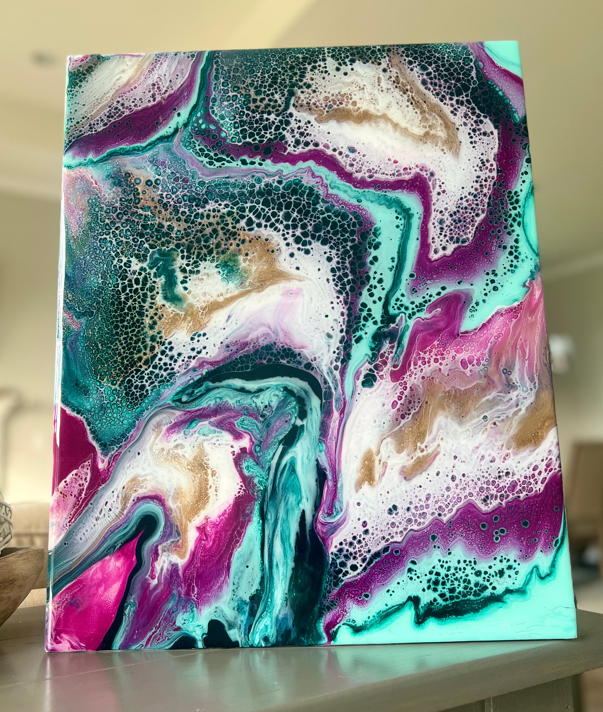 16" x 20" Dark Turqoise, Fuchsia, Light Teal, and Gold Resin Puddle Pour Painting