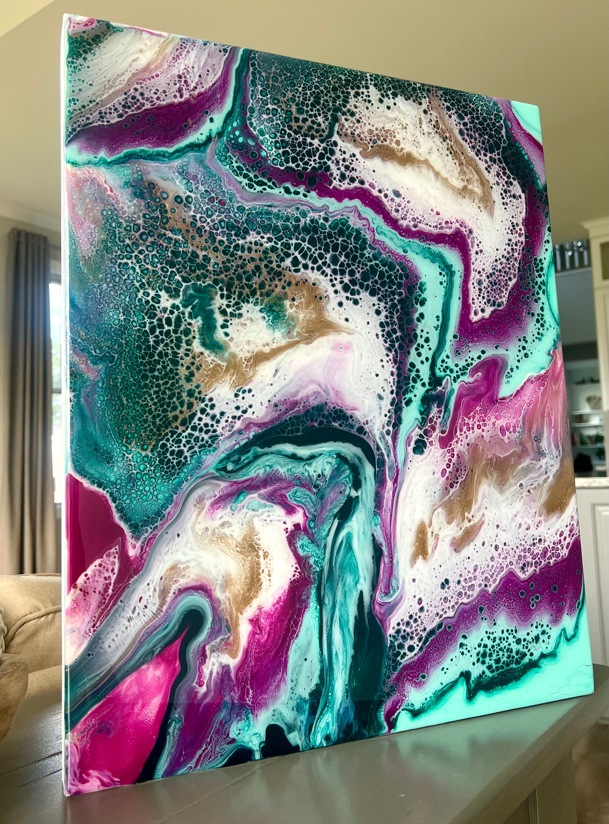 16" x 20" Dark Turqoise, Fuchsia, Light Teal, and Gold Resin Puddle Pour Painting