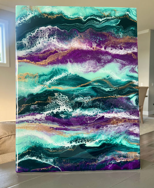 Pintura de ondas de resina de color turquesa oscuro, verde azulado claro, morado y dorado de 12" x 16"