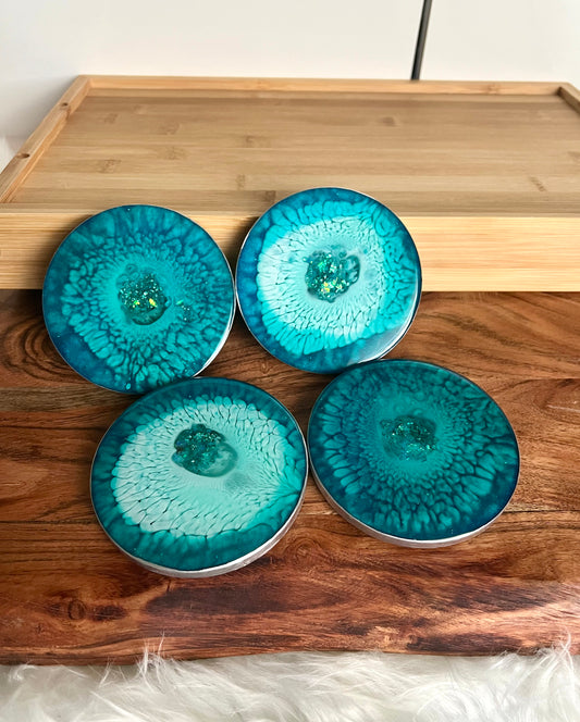 Turquoise and Teal Casted Round Resin Coaster Set