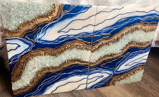 2 Piece- 16" x 20" Royal Blue Resin Geode Painting- 2 Piece Painting