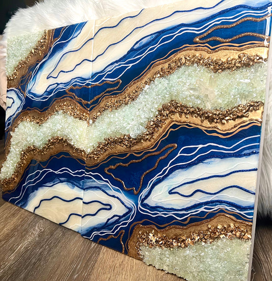 2 Piece- 16" x 20" Royal Blue Resin Geode Painting- 2 Piece Painting