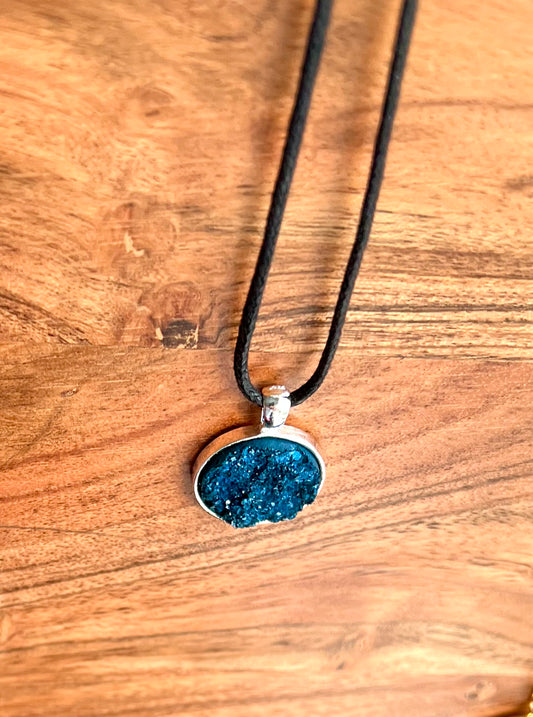 Turquoise Blue Druzy Resin Necklace- Sterling Silver End Caps and Extender Chain