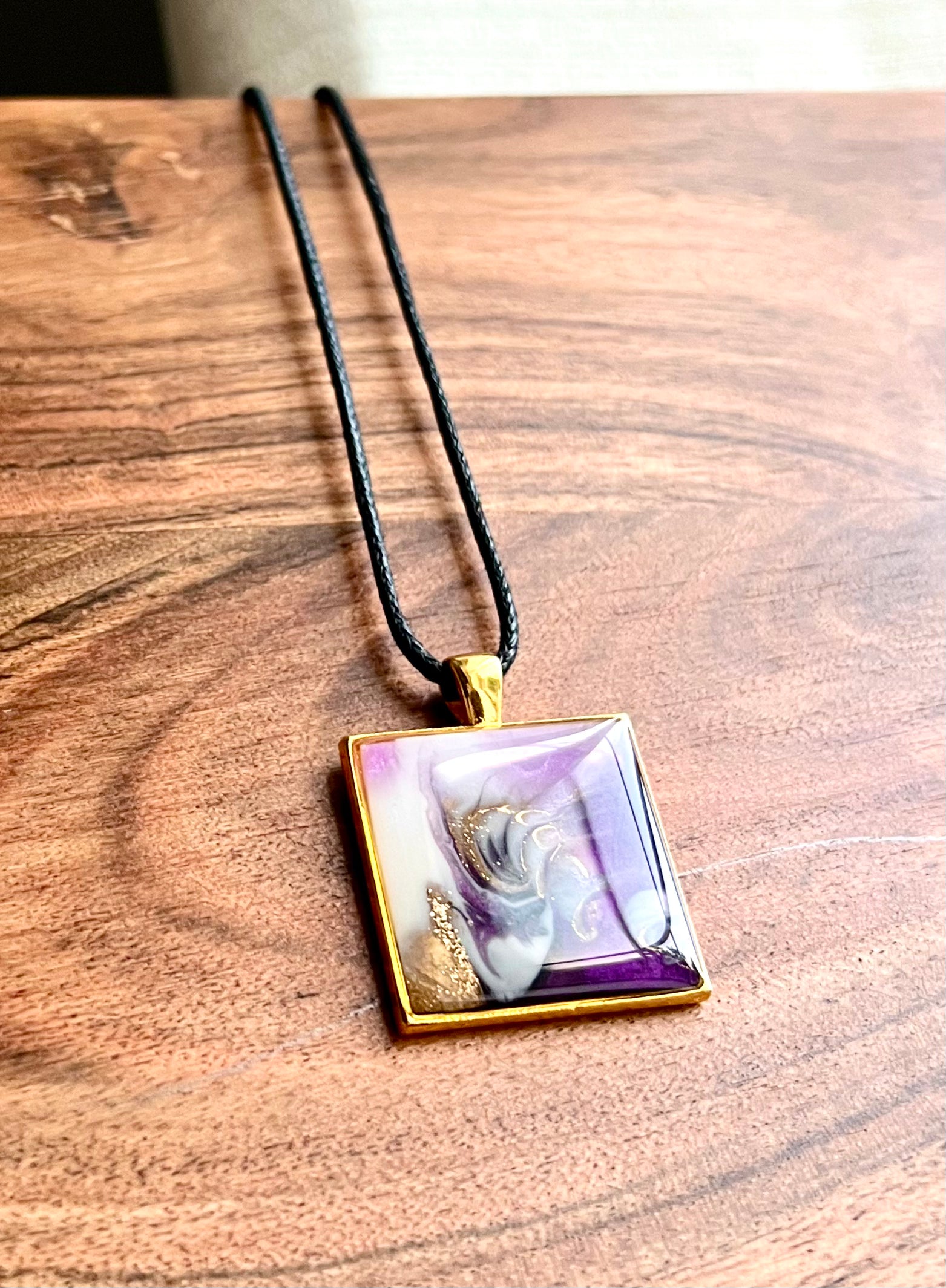 Purple and Gold Square Resin Pendant Necklace