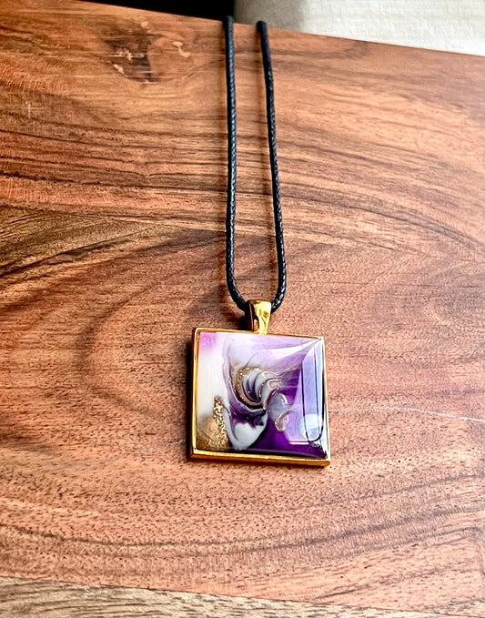 Purple and Gold Square Resin Pendant Necklace