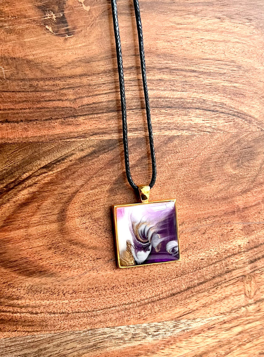 Purple and Gold Square Resin Pendant Necklace