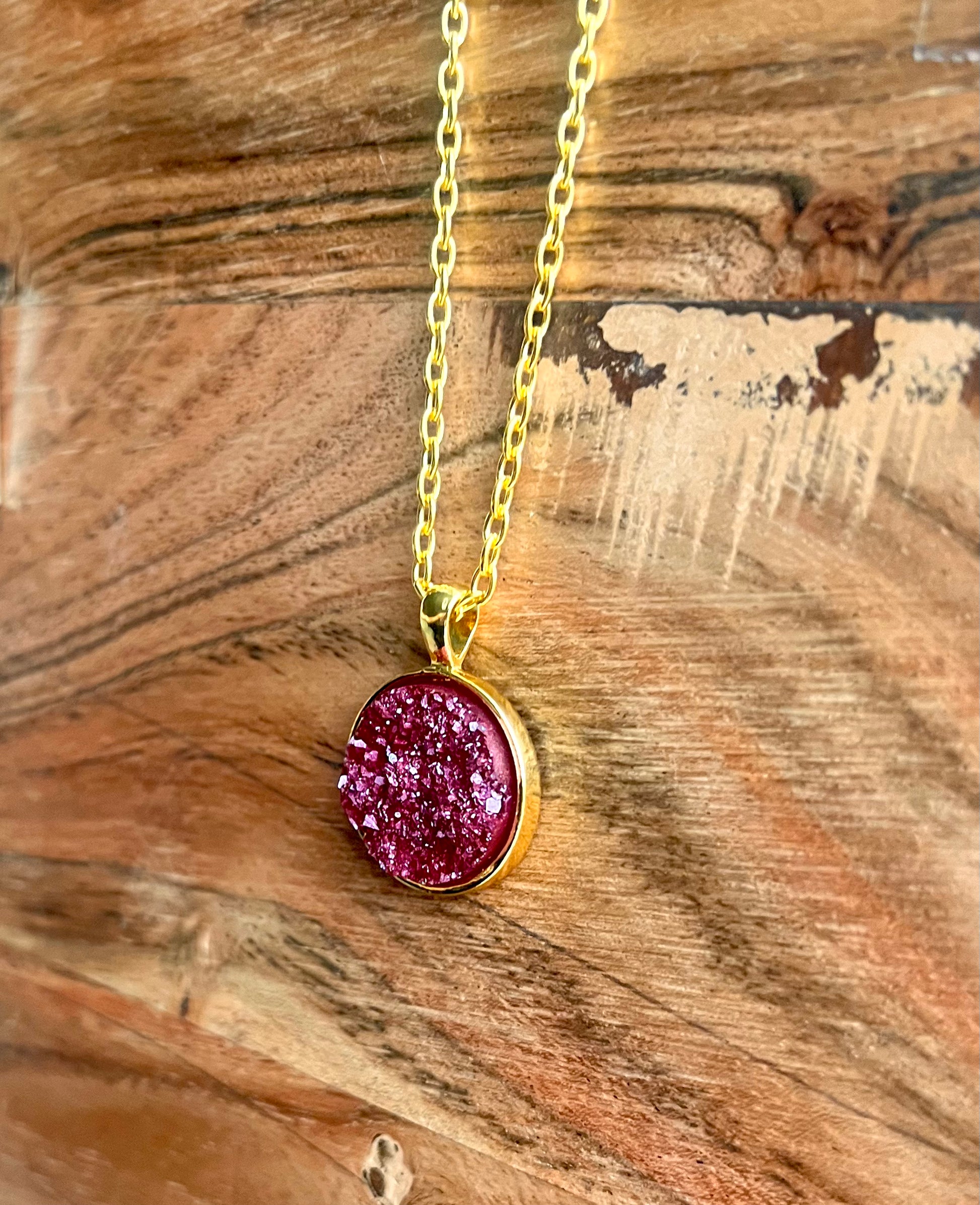 Burgundy Druzy Resin Necklace | Gold