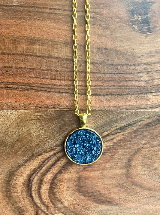 Navy Blue Druzy Resin Necklace | Gold