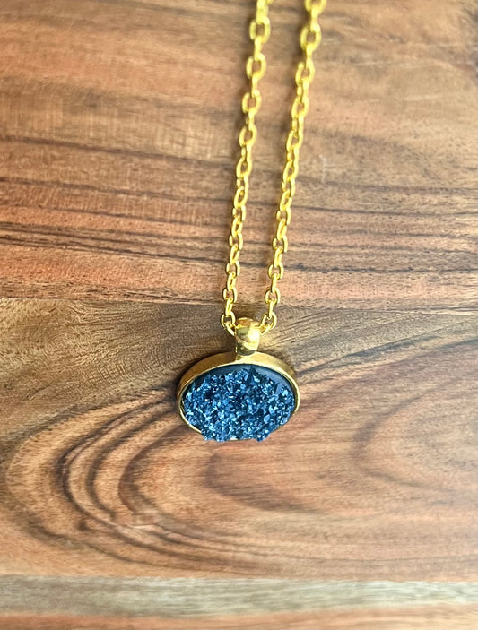 Navy Blue Druzy Resin Necklace | Gold