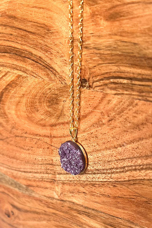 Two-Toned Purple and Burgundy Druzy Resin Necklace- Gold Vermeil Pendant Tray and Chain