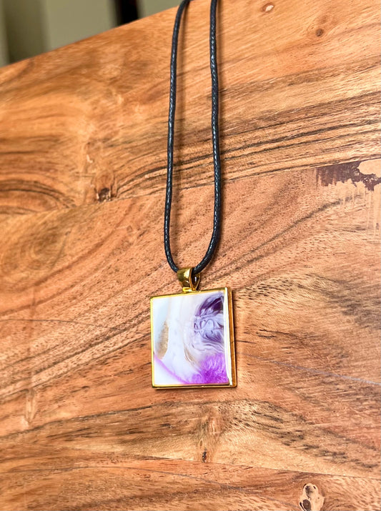 Purple and Gold Square Resin Pendant Necklace