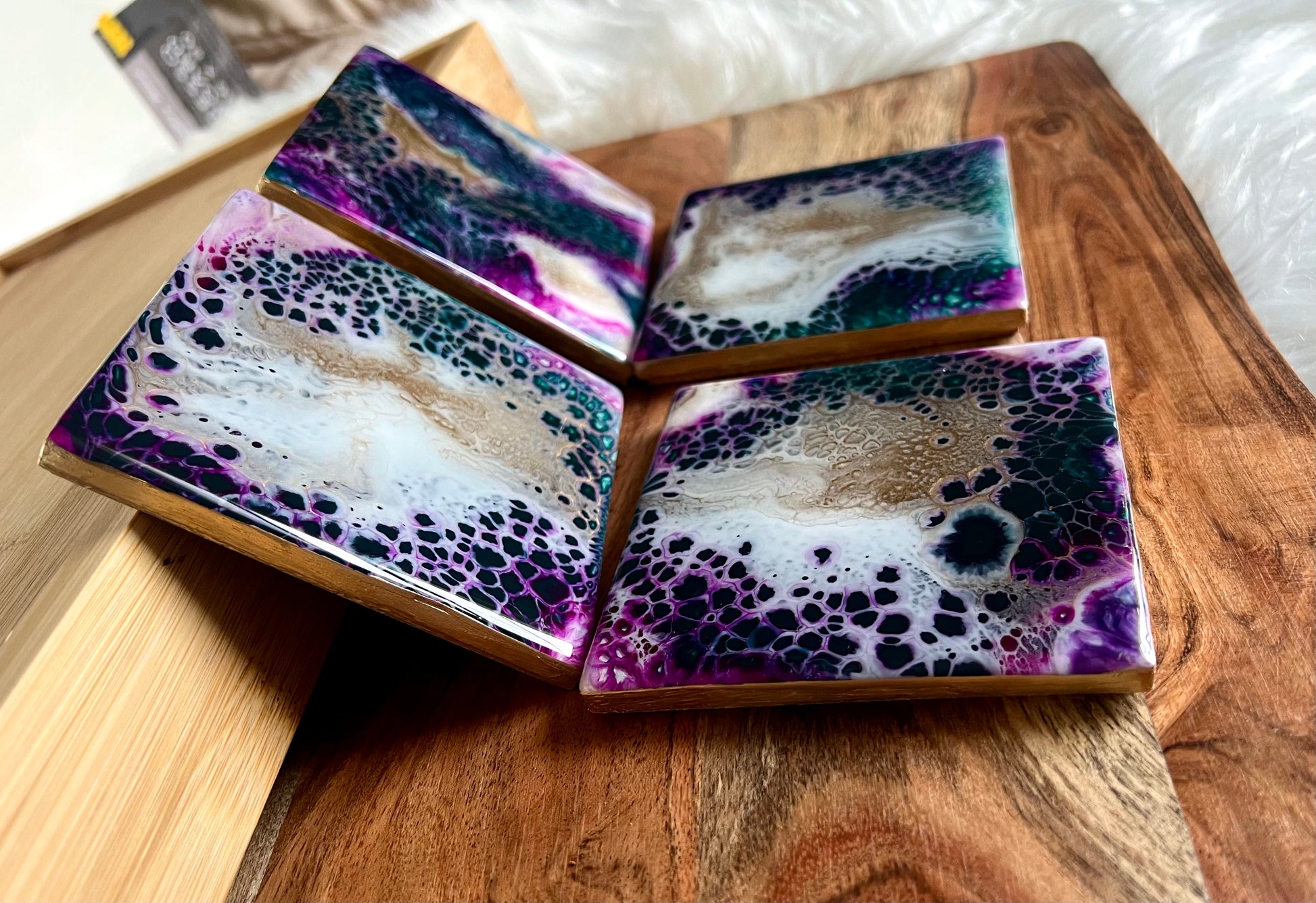 Fuchsia, Deep Turquoise, Purple, and Gold Resin-Painted Ceramic Tile Coaster Set