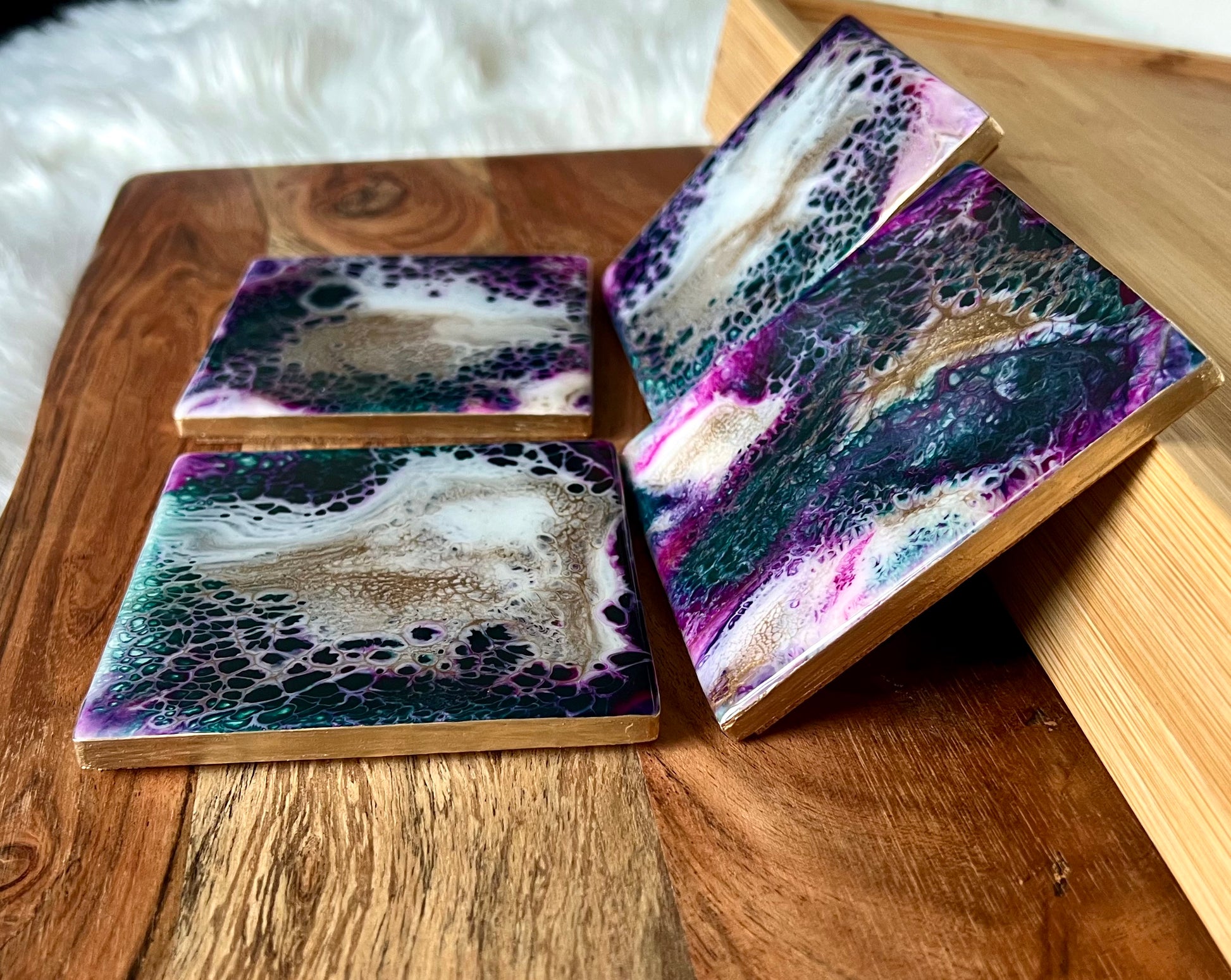 Fuchsia, Deep Turquoise, Purple, and Gold Resin-Painted Ceramic Tile Coaster Set