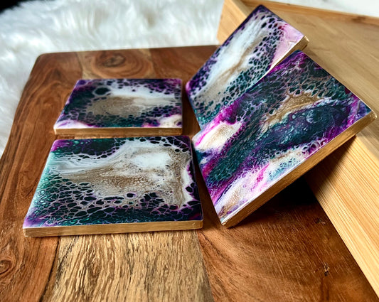 Fuchsia, Deep Turquoise, Purple, and Gold Resin-Painted Ceramic Tile Coaster Set