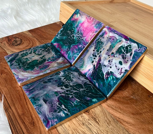 Fuchsia-Pink, Purple, Deep Turquoise, and Gold Resin-Painted Ceramic Tile Coaster Set