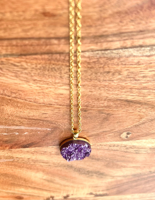 Two-Toned Purple and Burgundy Druzy Resin Necklace- Gold Vermeil Pendant Tray and Chain