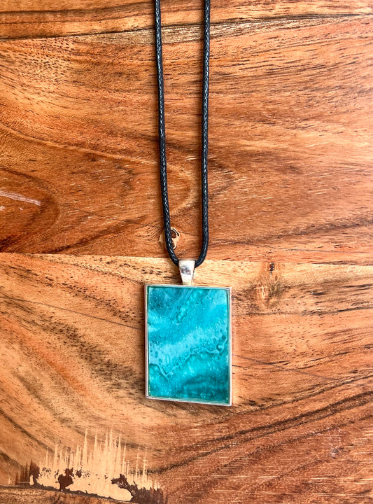 Sparkly Turquoise and Teal Small Rectangle Resin Pendant Necklace- Sterling Silver End Caps and Extender Chain