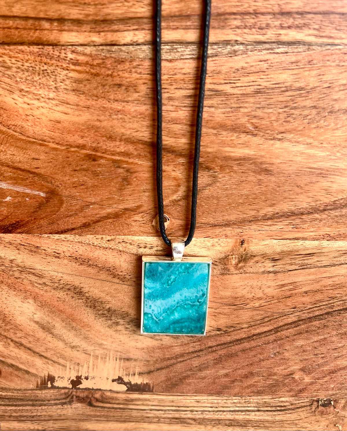 Sparkly Turquoise and Teal Small Rectangle Resin Pendant Necklace- Sterling Silver End Caps and Extender Chain