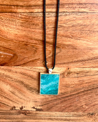 Sparkly Turquoise and Teal Small Rectangle Resin Pendant Necklace- Sterling Silver End Caps and Extender Chain