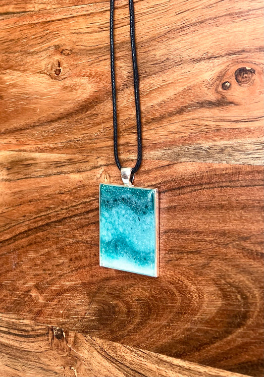 Sparkly Turquoise and Teal Small Rectangle Resin Pendant Necklace- Sterling Silver End Caps and Extender Chain