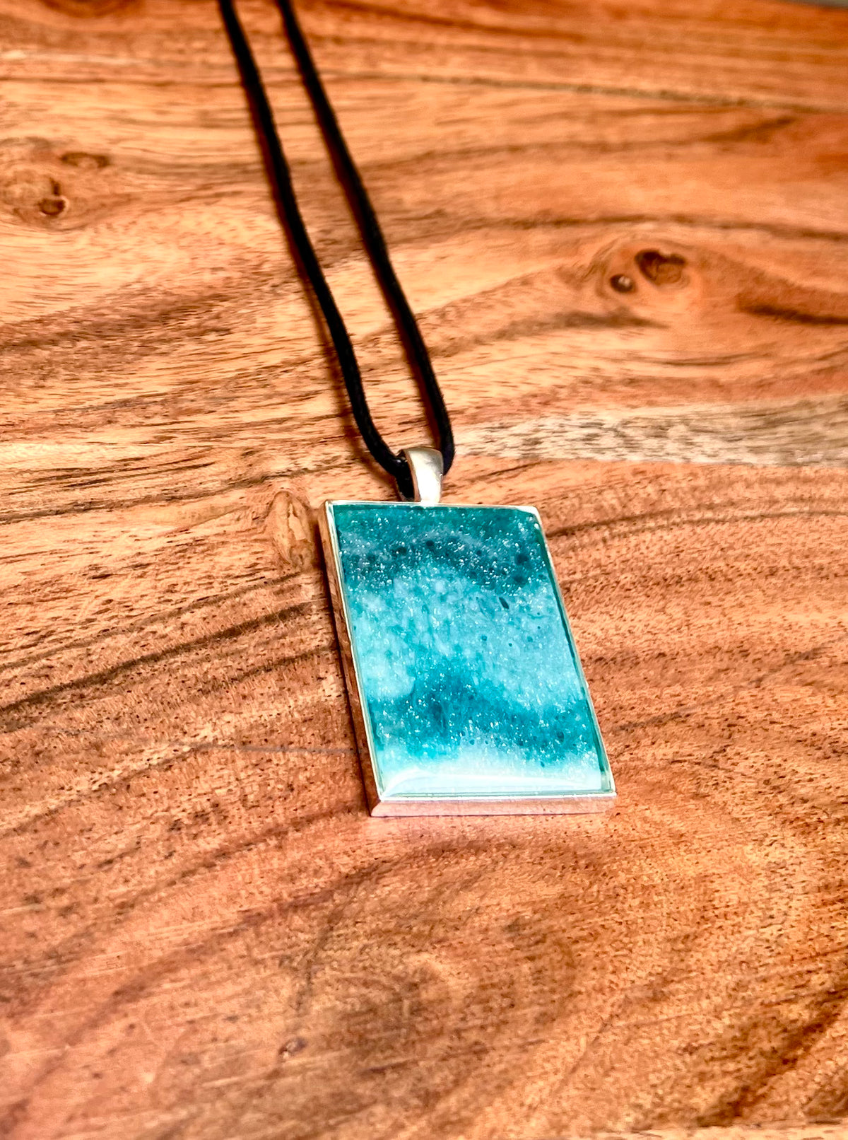 Sparkly Turquoise and Teal Small Rectangle Resin Pendant Necklace- Sterling Silver End Caps and Extender Chain