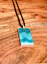 Sparkly Turquoise and Teal Small Rectangle Resin Pendant Necklace- Sterling Silver End Caps and Extender Chain