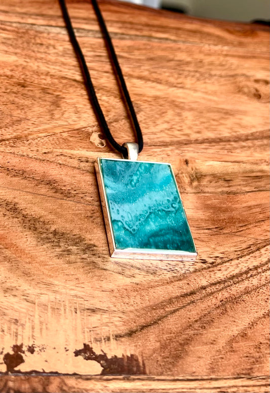 Sparkly Turquoise and Teal Small Rectangle Resin Pendant Necklace- Sterling Silver End Caps and Extender Chain