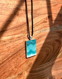 Sparkly Turquoise and Teal Small Rectangle Resin Pendant Necklace- Sterling Silver End Caps and Extender Chain