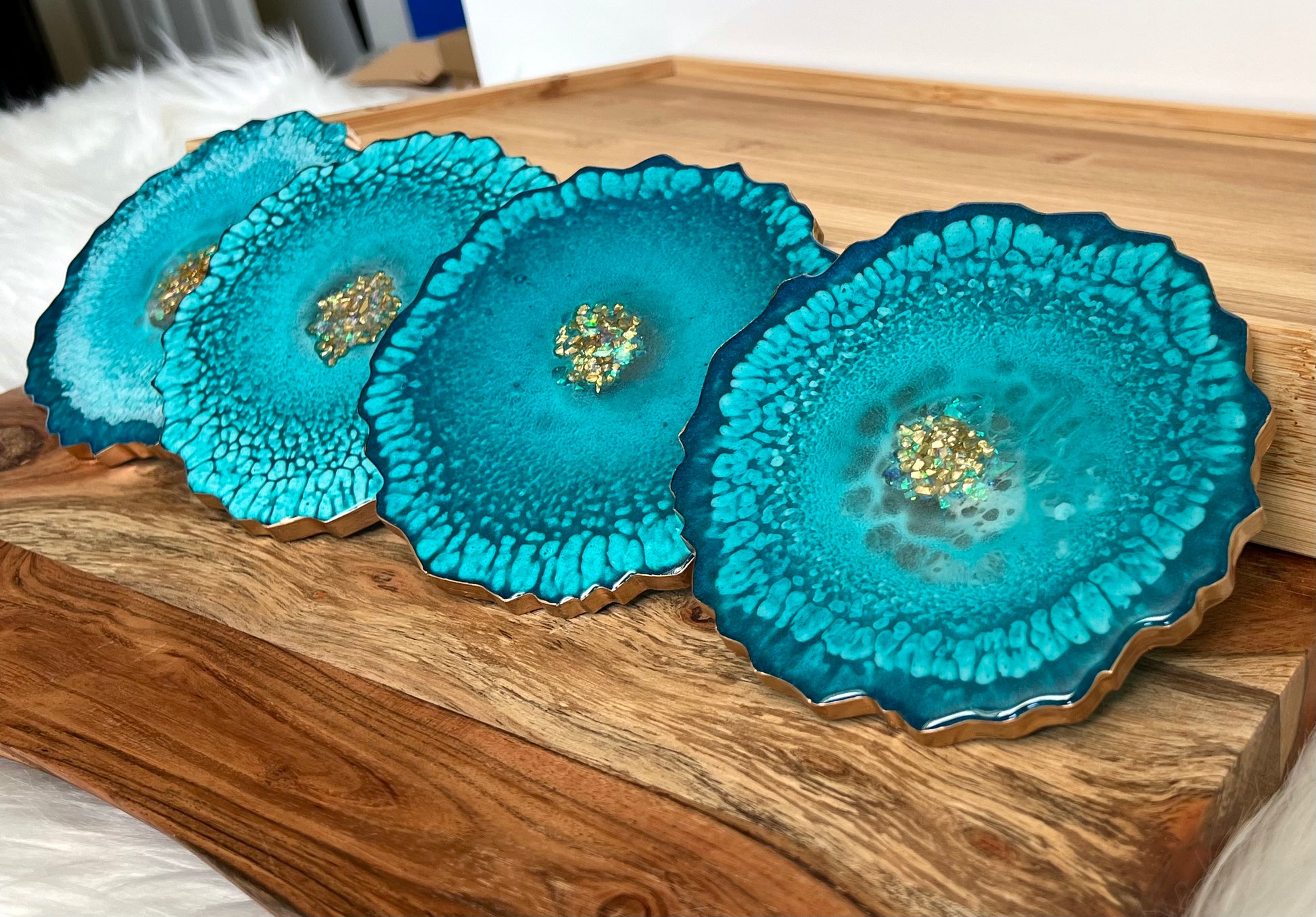 Turquoise and Bronze-Gold Agate-Shaped Casted Resin Coaster Set