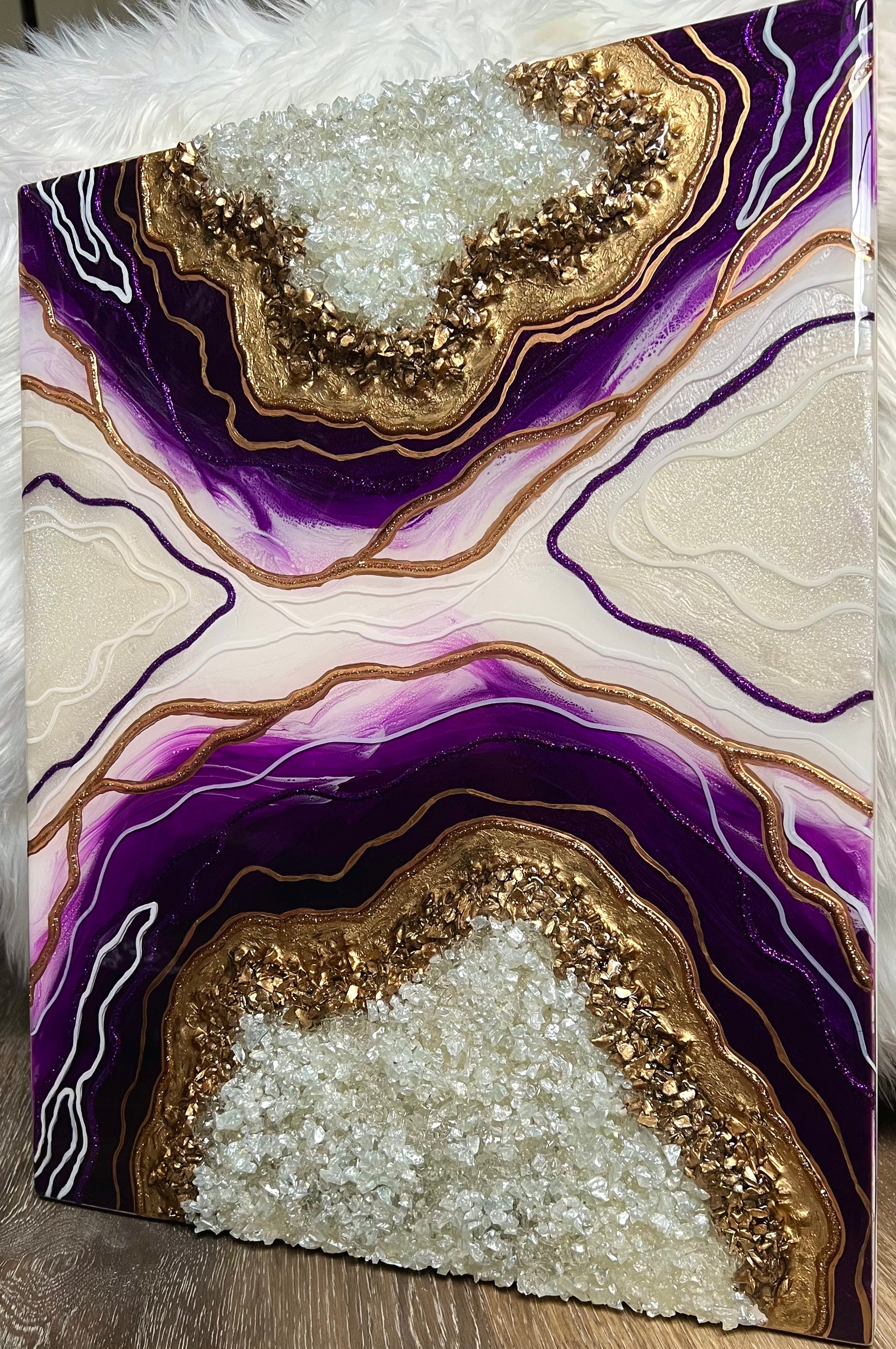 16" x 20" Purple and Gold Resin Geode Painting