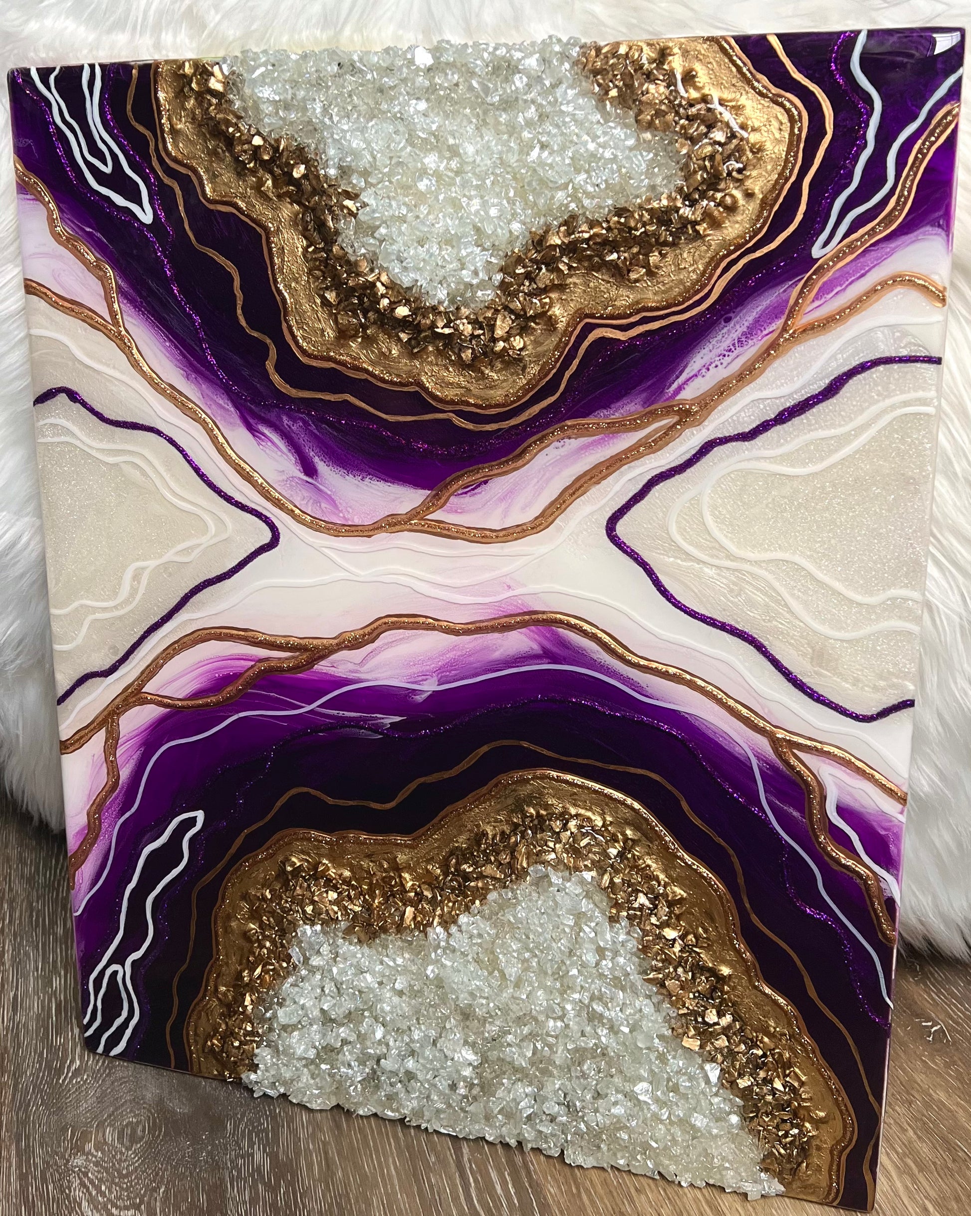 16" x 20" Purple and Gold Resin Geode Painting