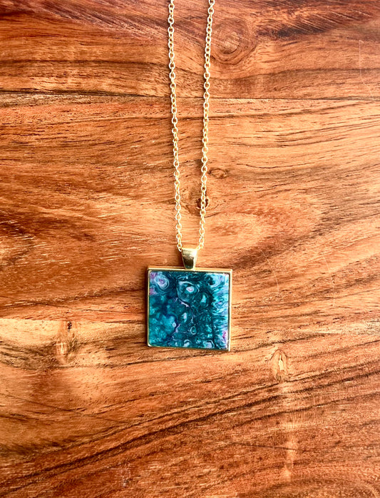 Sparkly Turquoise, Blue, and Purple-Pink Square Resin Pendant Necklace