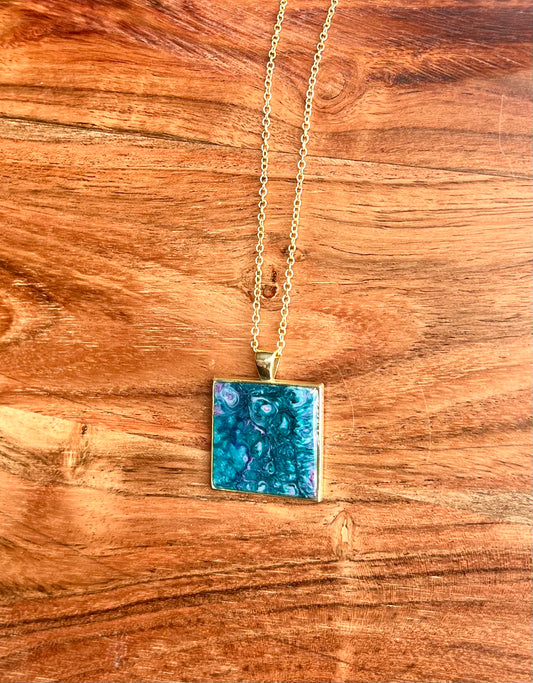 Sparkly Turquoise, Blue, and Purple-Pink Square Resin Pendant Necklace