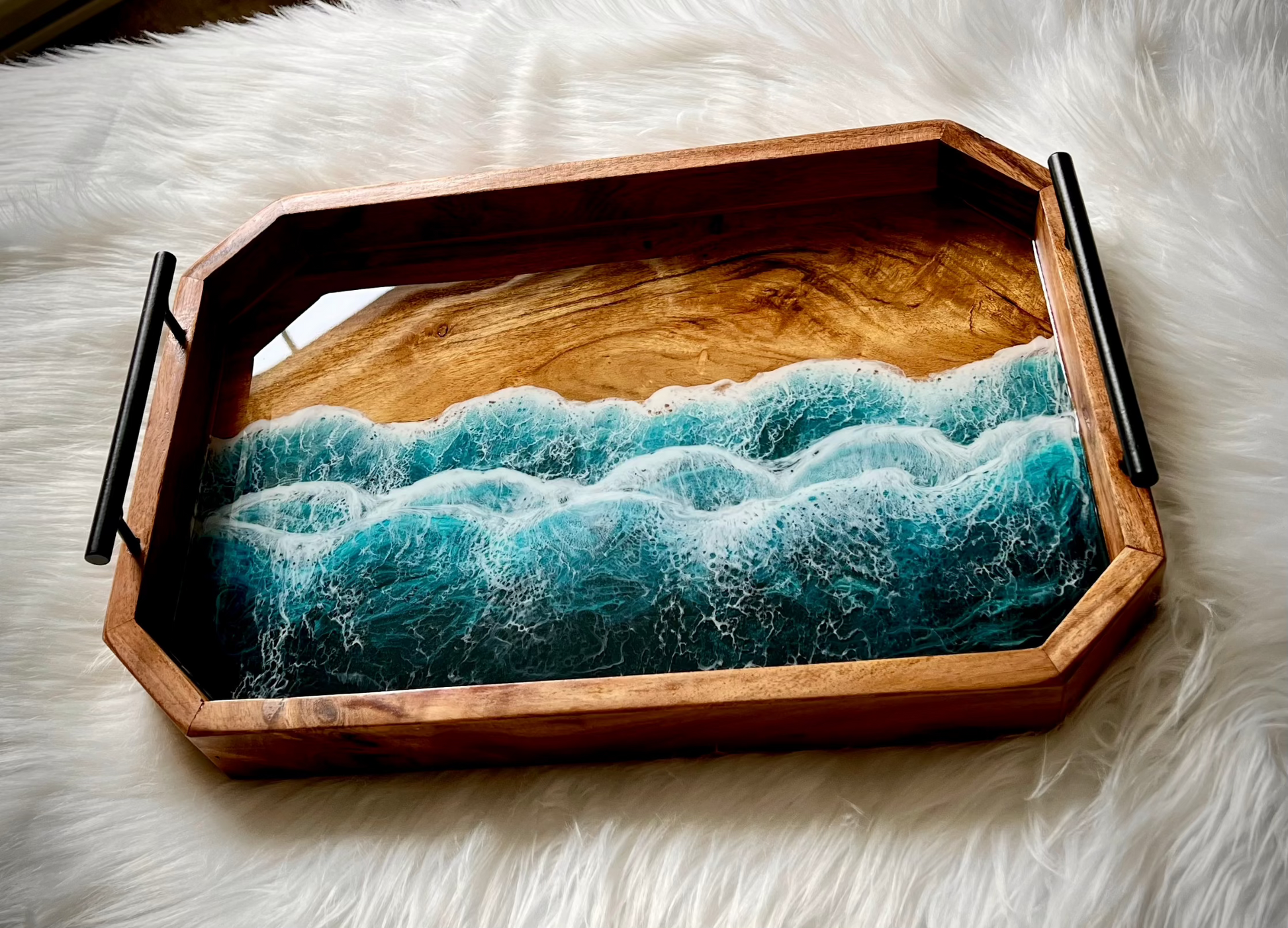 Resin Beach Waves on Acacia Wood Tray