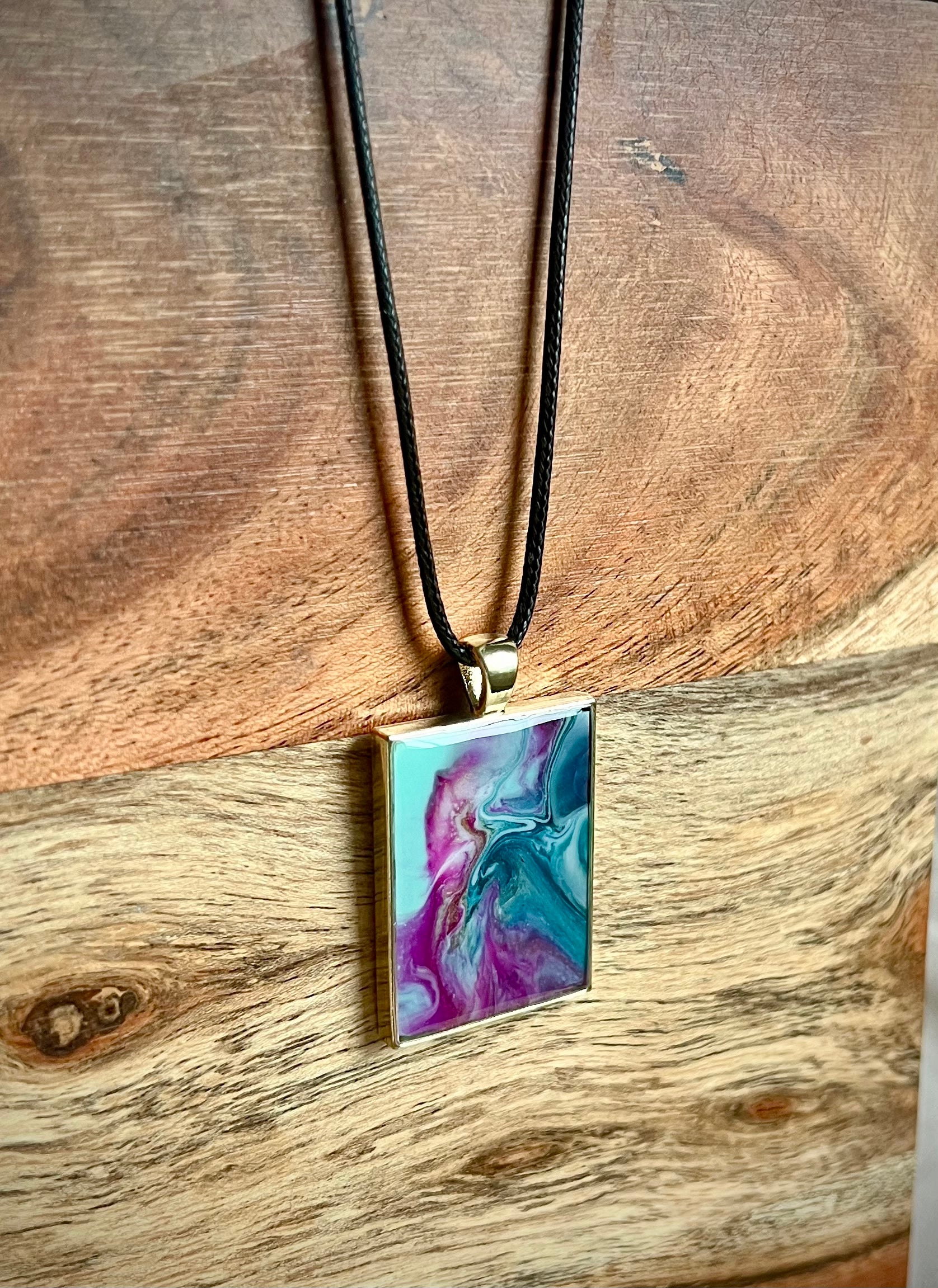 Blue, Teal, Maroon, and Gold Small Rectangle Resin Pendant Necklace