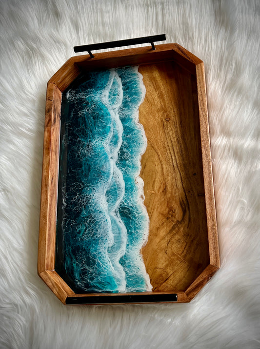 Resin Beach Waves on Acacia Wood Tray