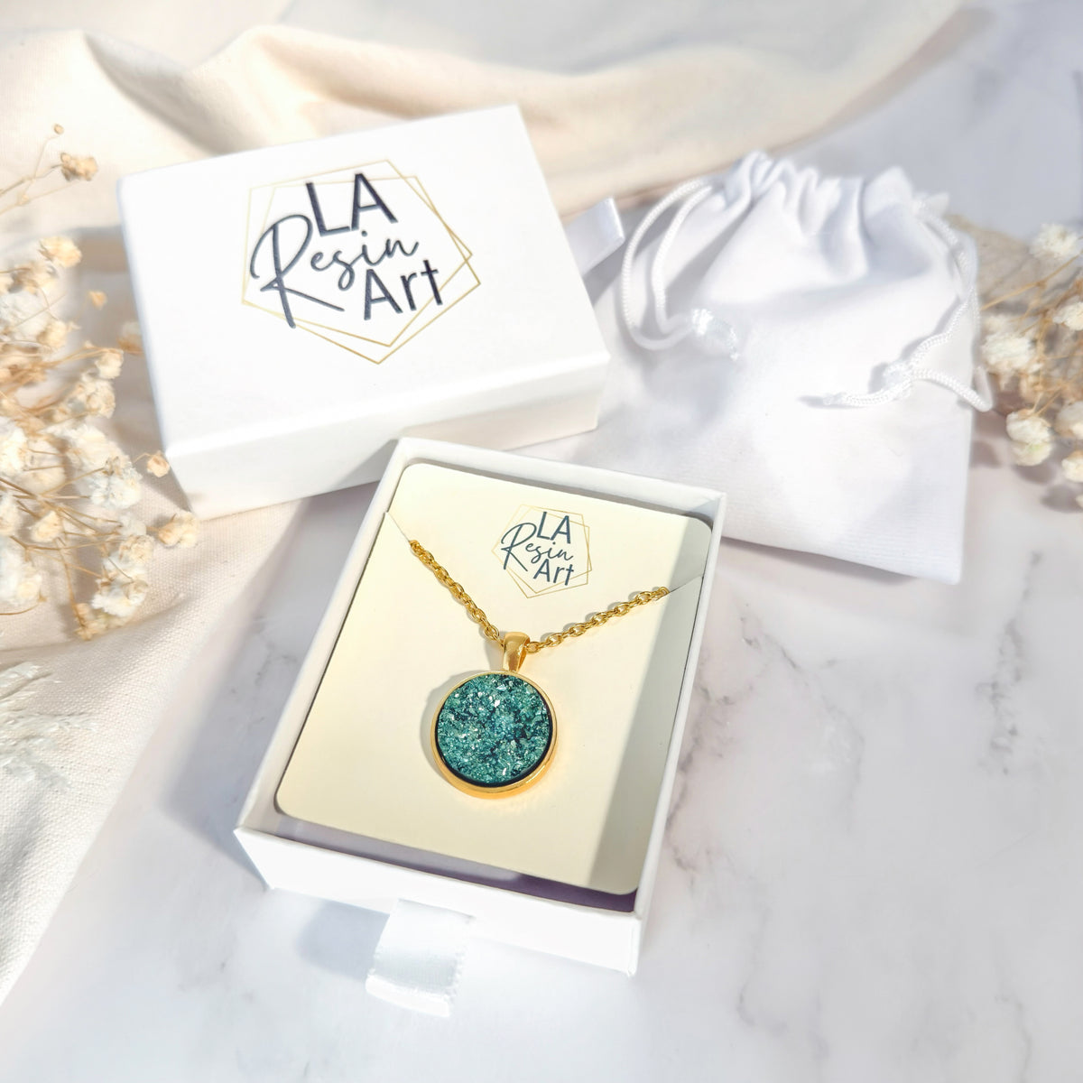 Jade Turquoise Druzy Resin Necklace | Gold