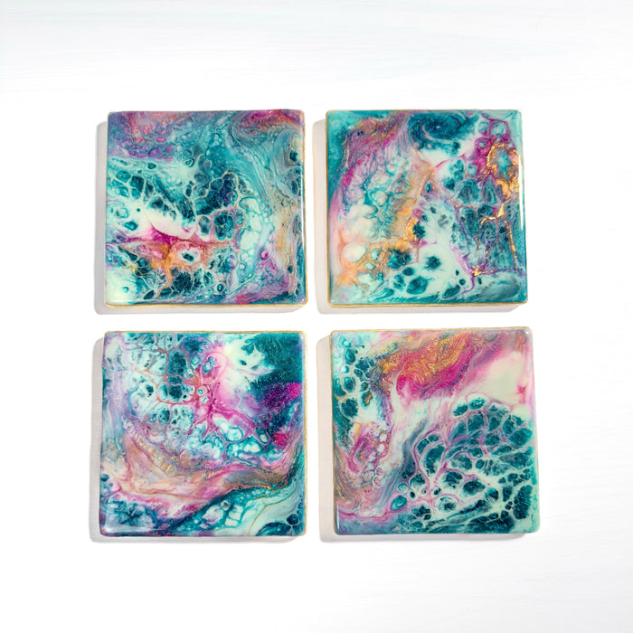 Lagoon Bloom Ceramic Resin Coaster Set