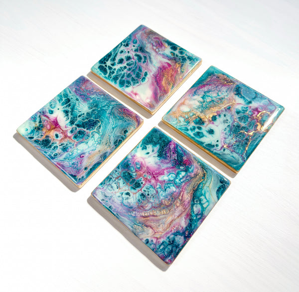 Lagoon Bloom Ceramic Resin Coaster Set