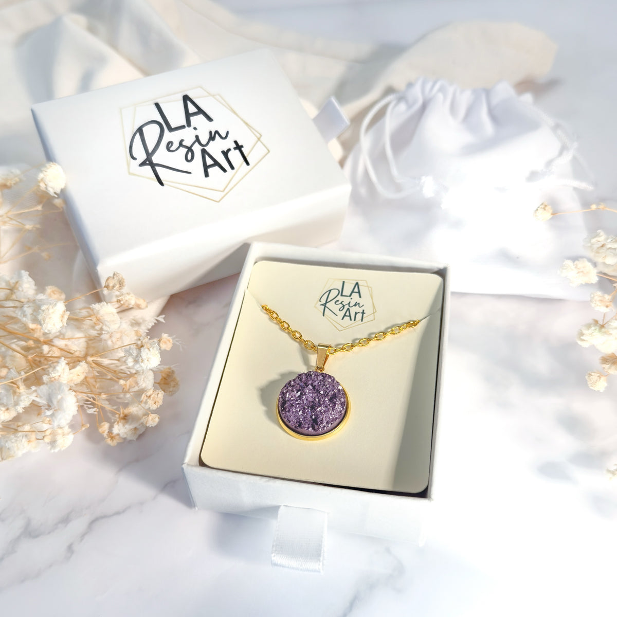 Lavender Shimmer Druzy Resin Necklace | Gold