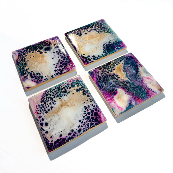 Midnight Bloom Ceramic Tile Coaster Set