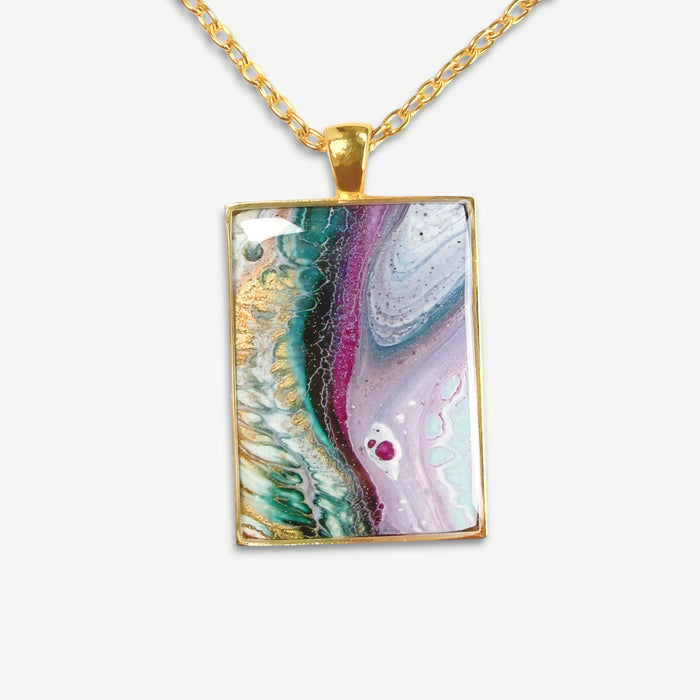 Mystic Bloom Rectangle Resin Pendant Necklace | Gold