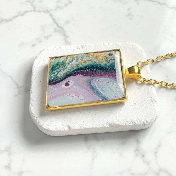 Mystic Bloom Rectangle Resin Pendant Necklace | Gold